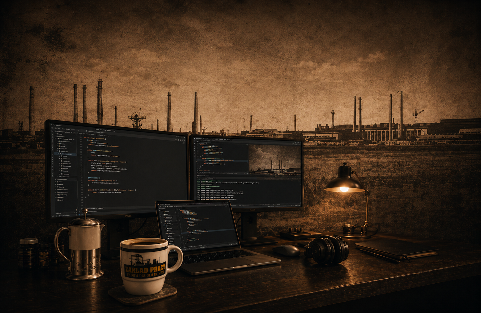 Java developer desk in an industrial steelworks-inspired style